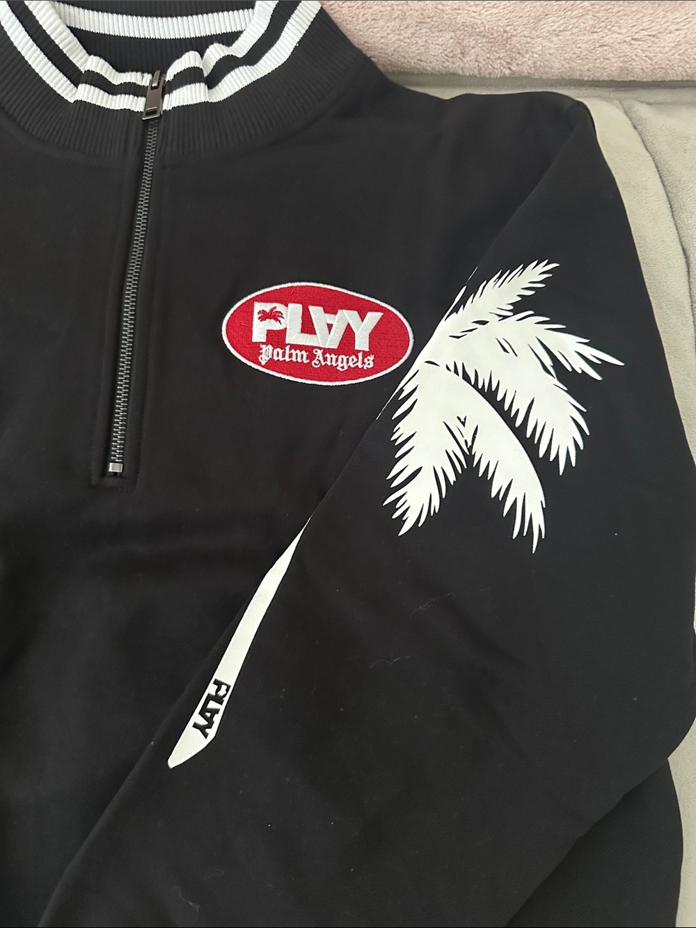 Palm Angels Black Half-Zip Sweater with White Trim and Red Logo - Picture 2 of 7